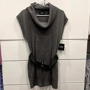 Cowl neck short sleeve sweater. Belt at waist sparkly dark gray